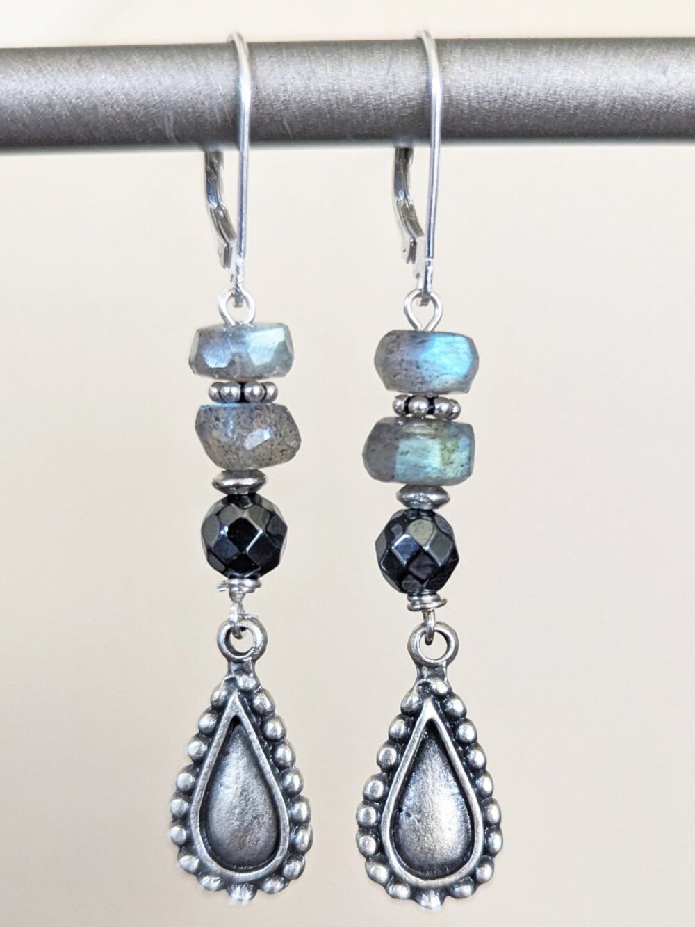 Sterling Silver Gunmetal Labradorite & Gunmetal Hematite Dangle Earrings
